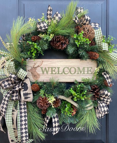 Cabin Welcome Wreath, Mountain Home Wreath, Woodland Wreath, Deer Wreath, Sassy Doors Wreath, Cabin Wreath, Deer Wreath, Woodland Wreath, Diy Woodland, Early American Style, Home Wreath, Cabin Signs, Pine Wreath, The Pines