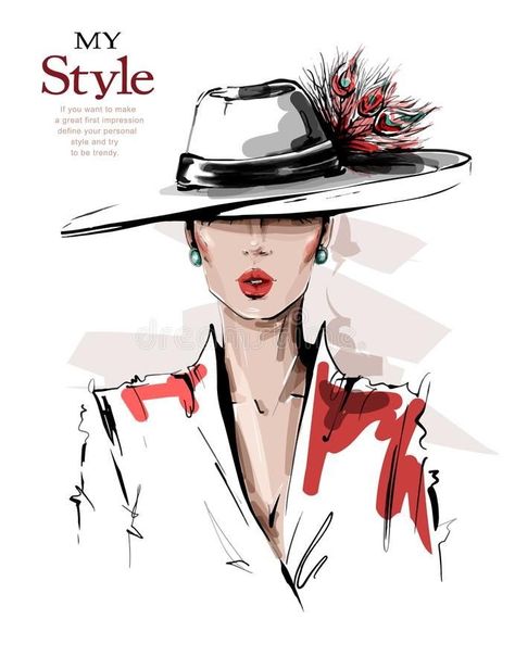 Drawing Hats, Woman In Hat, Fashion Illustration Face, Makeup Illustration, Fashion Illustration Collage, Fashion Figure Drawing, Elegant Girl, Woman Illustration, Fashion Figures