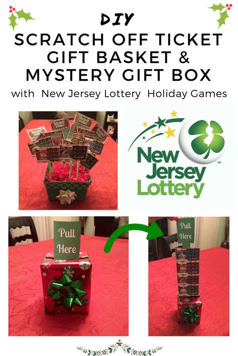 Step-by-step DIY instructions on how to make a Lottery Ticket Gift Basket & a Mystery Gift Box with Holiday Games Scratch Offs! A great homemade gift idea! #GiftIdeas #DIYgifts Lottery Ticket Gift Basket, Lottery Ticket Bouquet, Diy Scratch Off, Lottery Ticket Gift, Punny Gifts, Merry Kissmas, Scratch Off Tickets, Men's Gifts, Coworker Gifts