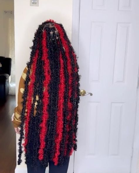 Red And Black Faux Locs Black Women, Black And Orange Butterfly Locs, Jumbo Extended Butterfly Locs, Ginger Butterfly Locs Long, Extended Butterfly Locs With Color, Red Butterfly Locs Black Women, Red And Black Peekaboo Soft Locs, Midback Butterfly Locs, Cotton Candy Butterfly Locs