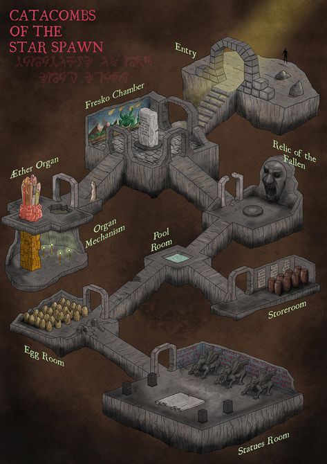 Catacombs of the Star Spawn by Sapiento Game Map, Isometric Map, Map Layout, Dnd World Map, Arte Grunge, Dungeons And Dragons Classes, Tabletop Rpg Maps, Rpg Map, Dungeon Maps