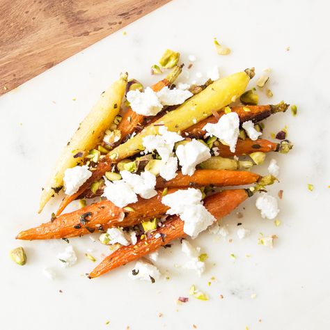 Roasted Carrots With Goat Cheese And Pistachios, Roasted Carrots With Goat Cheese, Carrots With Goat Cheese, Raw Pistachios, Root Veggies, Vegetarian Meal, The Chew, Roasted Carrots, The Goat