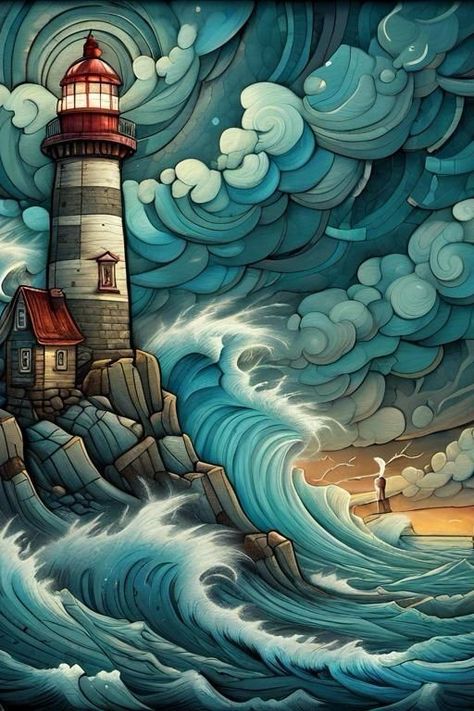 Lighthouse Stained Glass Art, Light Tower Drawing, Lighthouse Waves Tattoo, Stormy Sea Illustration, Stormy Sea Drawing, Luminism Art, Lighthouse Waves, Otherworldly Art, Andy Kehoe