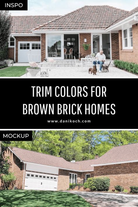 Paint Colors For Brown Brick House, Trim Color For Brown Brick House, Roof Colors For Brown Brick House, Accent Colors For Brick Exterior, Brown Brick House Exterior Makeover, Brown Brick Trim Colors, Exterior Paint Colors With Brown Brick, Paint Colors That Go With Brown Brick, Brown Brick House With Black Trim