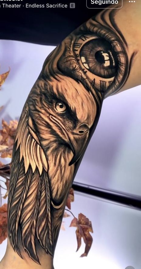 Eagle Tattoo Arm Men, Eagle Leg Tattoo For Women, Angel Tattoo Arm, Eagle Shoulder Tattoo, Bald Eagle Tattoos, Forearm Cover Up Tattoos, Leg Sleeve Tattoos, Leg Tattoo Ideas, Full Hand Tattoo