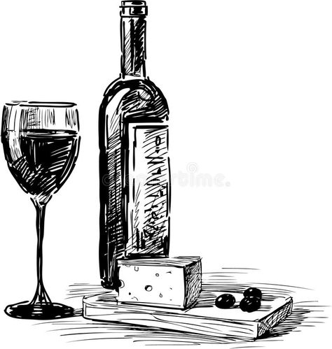 Wine Art Drawing, Wine Bottle Drawing, Wine Bottle Images, Wine Glass Images, Cheese Drawing, Wine Glass Drawing, Wine Glass And Bottle, Art Du Vin, Grape Wine