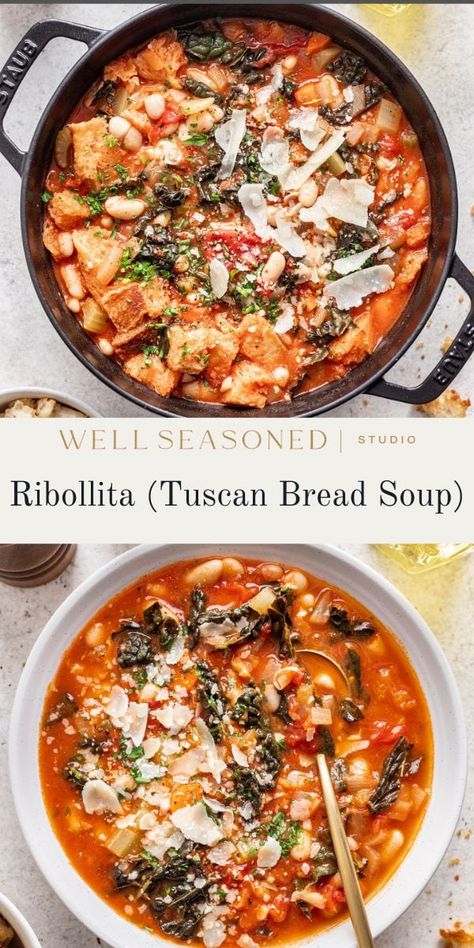 Rich, Thick Ribollita (Tuscan Bread Soup) Hearty Vegetarian Soup, Tuscan Bread, Italy Recipes, Ham Bone Soup, Tuscan Soup, Bread Soup, Easy Roast Chicken, Italian Comfort Food, Food Homemade