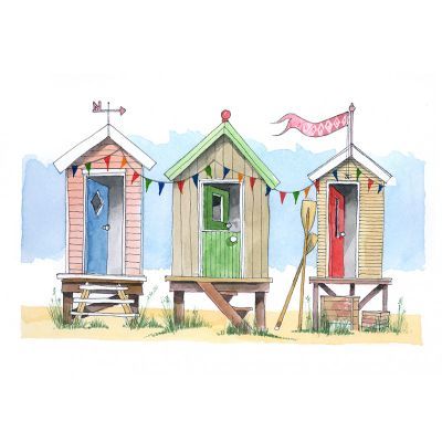 Beach Huts - a high quality print Hut Sketch, Hut Painting, Beach Huts Art, British Beaches, Seaside Art, British Seaside, Building Drawing, Beach Illustration, Diy Watercolor Painting