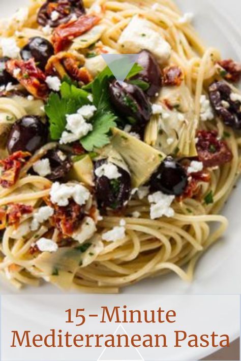 This pasta recipe about quick and easy! As in, open some jars, boil some pasta, and stir it all together – seriously, it doesn’t get any easier than this 15-minute Mediterranean pasta with olives, artichoke hearts, sun-dried tomatoes, and feta. Pasta With Sundried Tomatoes And Artichokes, Artichoke Jar Recipes, Greek Pasta Recipes Dinners, Pasta Salad With Sun Dried Tomatoes Feta, Pasta Olives Tomatoes, Mediterranean Pasta Recipe, Pasta With Artichokes And Olives, Artichoke Olive Pasta, Cooking With Olives