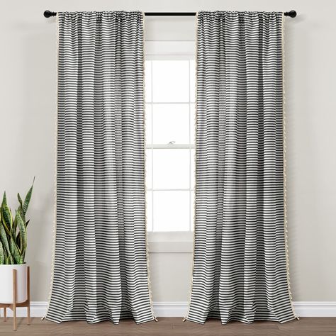 PRICES MAY VARY. The horizontal stripes and textured tassels on this window curtain set transform your space into a relaxing oasis. Dress the windows of your bedroom, living room or home office with the simple and casual style of this window panel pair. The beautiful horizontal stripe pattern and tassel accents on this curtain set add a decorative and homey touch to any room. These curtains create a cozy vibe to your space that will have you feeling relaxed in no time. The versatile design of th Lush Decor, Oasis Dress, Rod Pocket Curtain Panels, Rod Pocket Curtains, Ticking Stripe, Black Panels, Window Panels, Curtain Panels, Window Curtain