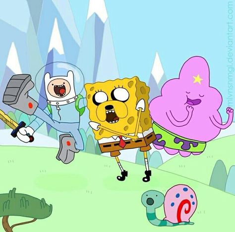 Spongebob and Adventure Time crossover Adventure Time Crossover, Cartoon Mashup, Adventure Time Style, Trippy Cartoon, Spongebob Square, Jake The Dog, Bravest Warriors, Cyberpunk Anime, Finn The Human