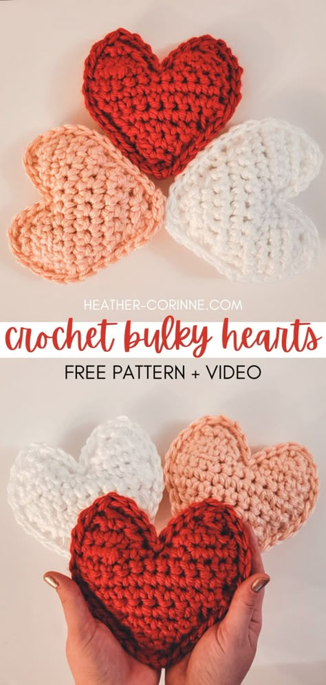 Pinterest graphic for the Crochet Bulky Heart Plush Pillows free pattern plus video at heather-corinne.com. Free Heart Crochet Pattern, Crochet Zig Zag, Heart Crochet Pattern, Crocheted Hearts, Crochet Quotes, Crochet Valentine Patterns, Crochet Hearts, Heart Plush, Heart Crochet