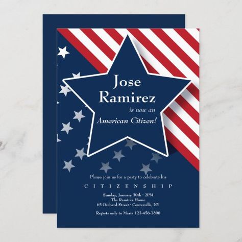 Citizenship Party, Patriotic Invitations, Us Citizenship, Celebration Design, Balloon Invitation, American Party, Holiday Program, Blue Invitation, Invitation Sizes