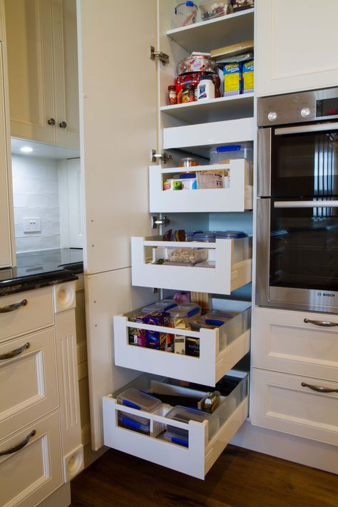 Pantry with drawers for the easiest access you could imagine! <a href="http://www.thekitchendesigncentre.com.au" rel="nofollow" target="_blank">www.thekitchendes...</a> Pantry With Drawers, Adaptive Devices, Kitchen Wardrobe Design, Kitchen Cabinetry Design, Pantry Drawers, Kitchen Storage Space, Kitchen Cupboard Designs, Kitchen Wardrobe, Closet Kitchen