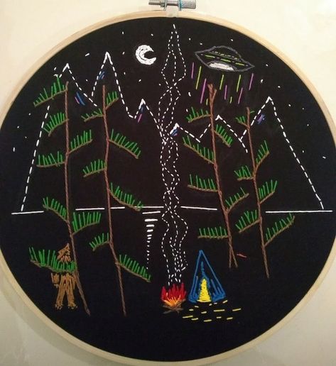 #curiousadornments #handbroidery #bigfoot #aliens #camping #gift Sasquatch Embroidery, Korean Housewife, Bigfoot Embroidery, The Truth Is Out There, Dog Vest, Embroidery Ideas, Diy Arts And Crafts, Crafty Stuff, Aliens