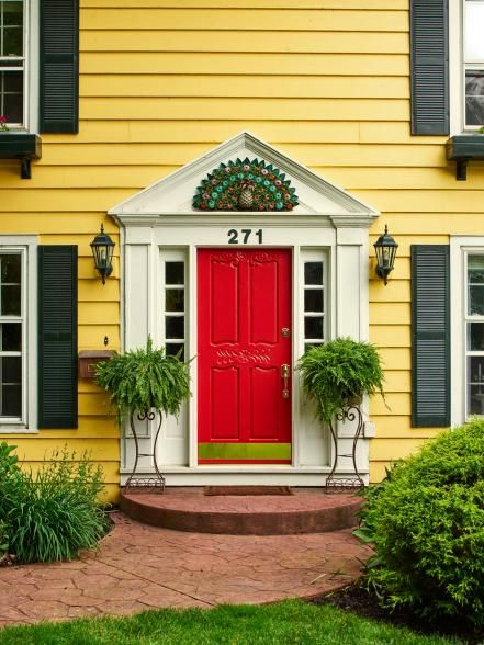 Landscaping Yellow House Exterior, Red Door House, Whale Wall Decor, Curb Appeal Ideas, Black Shutters, Yellow Door, Hgtv Magazine, Yellow Doors, Door Inspiration