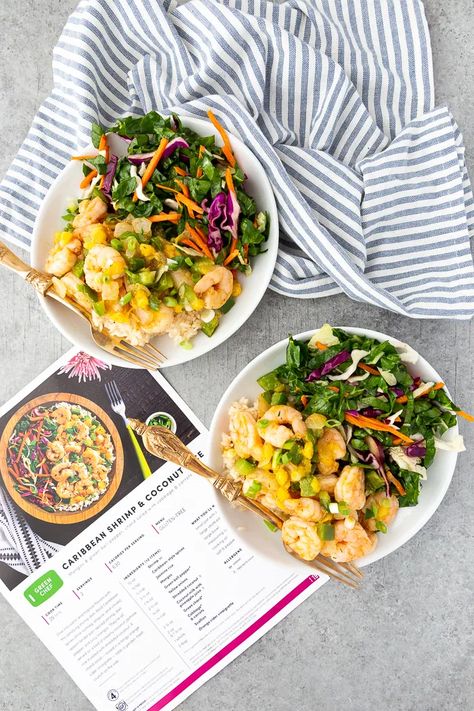 Caribbean shrimp and coconut rice on two plates with a green chef recipe card behind. Caribbean Shrimp, Shrimp Coconut, Homechef Recipes, Green Chef Recipes, Rice Shrimp, Healthy Pasta Dishes, Chefs Plate, Green Chef, Shrimp And Vegetables