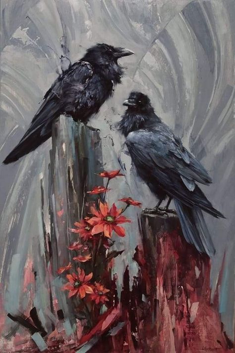 Raven Oil Painting, Lindsey Kustusch, Crow Painting, Illustration Kunst, Black Birds, Crow Art, Vintage Inspired Art, Inspiration Painting, Raven Art