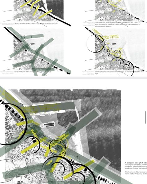 CONCEPTUAL INFORMANTS AND THE DISCONNECTION to CONCEPTUAL INFORMANTS & URBAN PLAN A composite conceptual urban framework. Consisting of applying the movement systems for public accessibility, the connected green routes through the city, the urban fabrics intervention and the final layer of the digital/virtual. The focal point of the layers-at-work set up for the Manganese Tanks site for the building location. The urban framework for the city – generated through the layers of ecological con... Urban Planning Concept, Urban Concept, Architecture Design Sketch, Environmental Conservation, Urban Fabric, Graduation Project, Urban Planning, The Movement, The Building