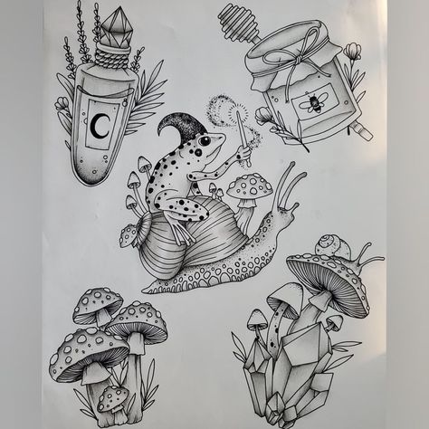 Cottagecore Flash Tattoo, Witchy Cottagecore Tattoo, Cottage Core Tattoo Sleeve, Fairy House Tattoo, Cottage Core Tattoo Ideas, Shroom Tattoo, Cottage Core Tattoos, Xx Tattoo, Cottagecore Tattoos