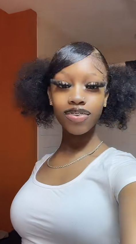 Heart Swoop Ponytail Natural Hair, Hair Styles 2 Ponytails, Two Low Puffs With Swoop, Heart Swoop Hairstyle Natural Hair, Side Swoop 2 Buns, Curly Hair Two Ponytails, Low Pony Hairstyles Natural Hair, 2 Puffs With Swoop, Two Puff Hairstyles Black Women