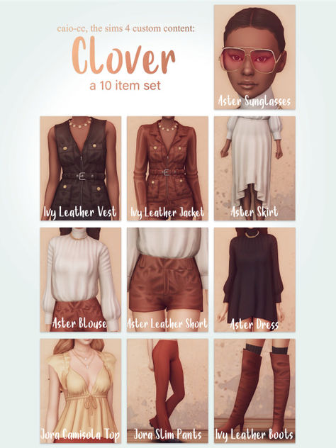 Hii! A new set is out, 8 pieces inspired by contemporary trends.  BG Compatible T-E Custom Tumbnails 35 colors from by default clothing palette 9 patterns swatchs 15 leather swatchs Female Sims 4 Maxis Match Cc Clothes Female, Sims4 Accessories, Sims4 Ideas, Clothing Palette, Ts4 Hair, Sims Download, Cc Top, Sims 4 Challenges, Sims 4 Cas Mods