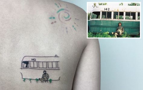 Photo courtesy of Alican Gorgu Into The Wild Bus Tattoo, Into The Wild Tattoo, Film Tattoo Ideas, Bus Tattoo, Stories Tattoo, Film Tattoo, Wild Movie, Becoming A Tattoo Artist, Movie Tattoo