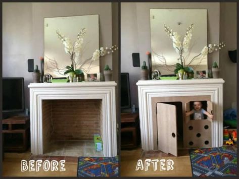 If you have an unused fireplace, here is the idea you were looking for. Look at the fabulous imagination our friend Fafa had to turn his fireplace into a modern hut for his kid !  #Fireplace #Do-It-YourselfIdeas Empty Fireplace Ideas, Unused Fireplace, Recycled Diy, Upcycled Ideas, Living Room Playroom, Recycled Crafts Kids, Kids Playroom Decor, Old Fireplace, Garden Greenhouse