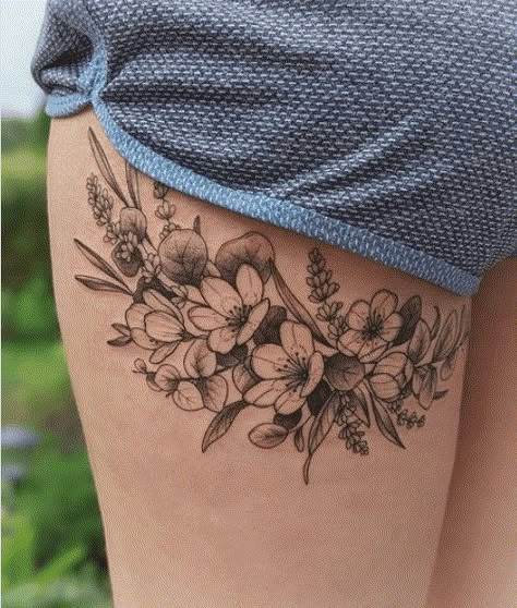 Back Of Leg Floral Tattoo, Under Breast Tattoos For Women Flower, Lower Buttocks Tattoo, Under Thigh Tattoos Women, Under The Buttcheek Tattoo, Foral Tattoo, Under Bum Tattoo, Under Bum Tattoo Women, Under Buttcheek Tattoo