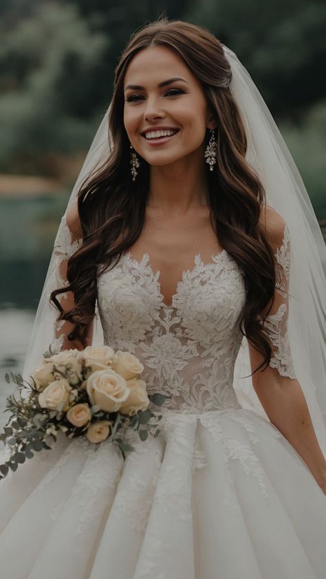 Discover the top trending down bridal hairstyles including elegant half up half down styles long hair with loose waves chic headband accessories and timeless classics From braids to sleek straight looks embrace your unique style with stunning bridal hair inspiration for every hair length and color - brown blonde and more Wedding Hairstyles Out Of Face, Wavy Wedding Hairstyles With Veil, Bride Half Down Hairstyles, Bridal Hair Twist Half Up Half Down, Loose Hair Bride Hairstyle, Bride Hair For Off The Shoulder Dress, Wedding Hairstyles Down Curls With Veil, Bridal Hairstyles With Long Veil, Mountain Wedding Bridal Hair