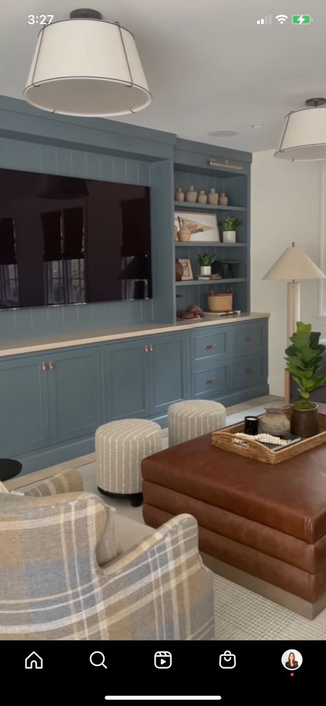 Blue Living Room Built Ins, Basement Family Room Built Ins, Oak Feature Wall, Game Room Cabinets, Bonus Room Storage Ideas Built Ins, Upstairs Media Room Ideas, Blue And White Basement, Kids Media Room Ideas, Basement Family Room With Fireplace