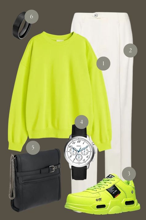 Step into the spotlight with this vibrant streetwear ensemble that dares to make a statement. The eye-catching neon green sweatshirt radiates energy and exuberance, setting a lively tone that’s impossible to ignore. Paired with crisp white trousers, the outfit balances audacity with a clean, minimalist base, allowing the bold hues to take center stage. Footwear follows suit, with sneakers that match the sweatshirt’s electric vibe, flaunting a design that’s both playful and on-trend. Neon Sweatshirt Outfit, Suit With Sneakers, Edgy Casual Outfits, Neon Green Sweater, Vibrant Streetwear, Fashion Moodboard, Italian Luxury Brands, Neon Fashion, White Trousers