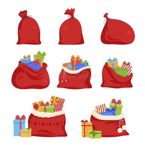 Santa Sack Illustration, Santa Bag Illustration, Origami Work, Presents Illustration, Gifts Boxes, Christmas Mail, Bag Illustration, Santa Bags, Bags Game