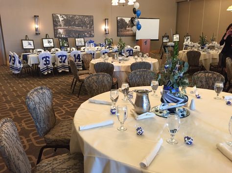 Hazeltine Blog: Tips for Team Banquet Planning: Venue selection, food, decorations, awards, who to invite, speakers, program. Banquet Decoration Ideas, Sports Banquet Decorations, Hockey Centerpieces, Sports Banquet Centerpieces, Baseball Banquet, Soccer Banquet, Banquet Centerpieces, Cheer Banquet, Sports Banquet