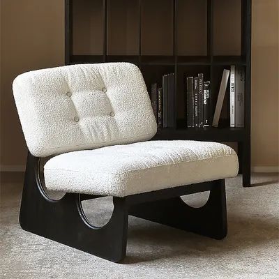 Japandi Boucle Lounge Chair White & Black Accent Chair Ash Wood Upholstery Boucle Lounge, Contemporary Living Room Chairs, Black Accent Chair, Wood Lounge Chair, Living Room Upholstery, Chair White, White Chair, Cutout Design, Chair Style