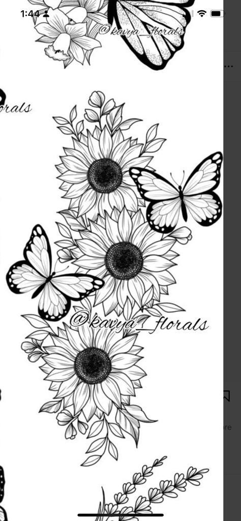 Sleeve Tattoo Sketches For Women, Large Back Tattoo Cover Up Ideas For Women, Fine Line Sunflower Tattoo Sleeve, Memorial Leg Tattoos Women, Sunflower Butterfly Tattoo Design, Large Women Tattoos, Thigh Tattoos Sunflower, Daisy Leg Tattoo, Women Arm Tattoo Ideas Half Sleeves