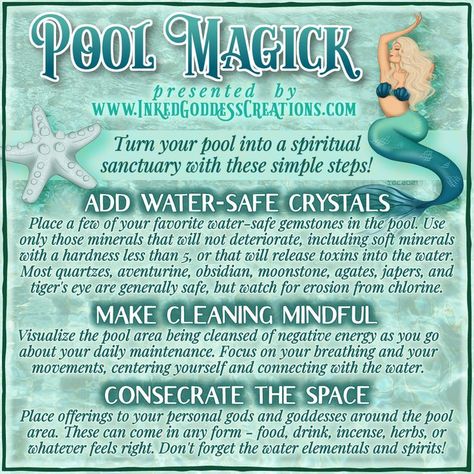 Take time this summer to make your pool a place where you can truly relax, meditate, and rejuvenate yourself! If you share a pool with neighbors, build a kit you can carry with you, use, then bring home to recharge. // #summer #poolmagick #magick #mindfulness #crystals #blessings #offerings #sanctuary #relax #water Sea Maiden, Crystal Place, Water Witch, Lavender Water, Kitchen Witchery, Eclectic Witch, Candle Magick, Witchcraft Spell Books, Witch Spell Book