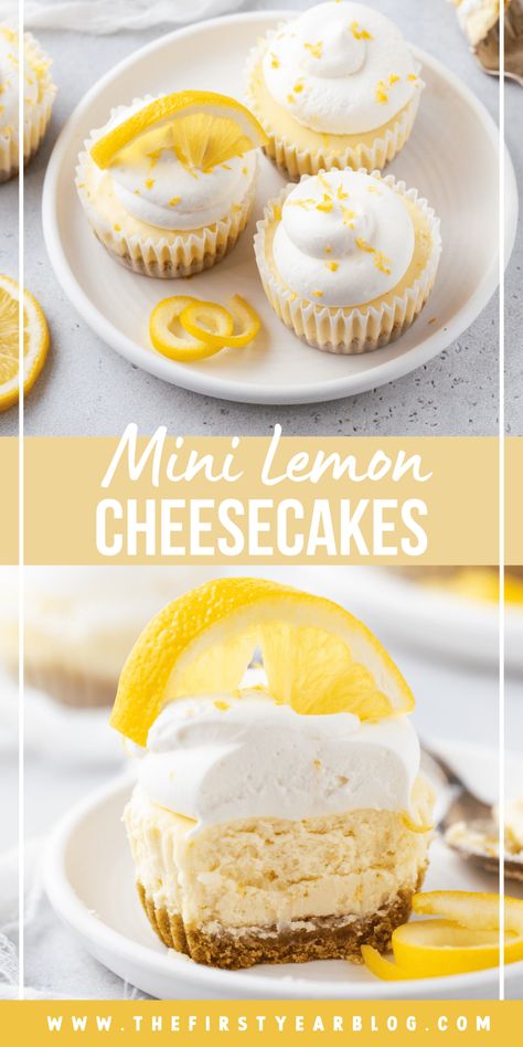 Our mini lemon cheesecakes are made with a simple graham cracker crust and a citrusy lemon cheesecake filling. Individual lemon cheesecakes are the perfect balance of sweet and tart! Mini Cheesecakes Lemon, Lemon Cheesecake Mini Cups, Individual Lemon Cheesecakes, Homemade Lemon Cheesecake, Lemon Cheesecake Cupcakes, Lemon Cheesecake Muffins, Mini Lemon Cheesecake No Bake, Small Lemon Desserts, Individual Lemon Desserts