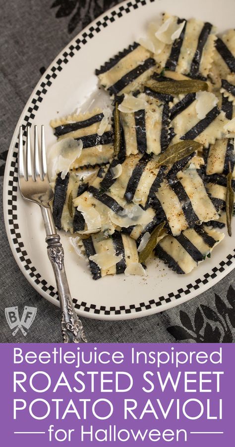 Homemade black + white pasta is stuffed with roasted veggies, topped with brown butter sauce & crispy sage leaves for a super fun Halloween tribute to the movie Beetlejuice! Ghost with the Most Roasted Sweet Potato Ravioli #pasta #homemadepasta #spooky #Halloween #movierecipes Sweet Potato Ravioli, Potato Ravioli, Beetlejuice Ghost, Ravioli Pasta, Brown Butter Sauce, Spooky Food, Halloween Party Dinner, Roasted Sweet Potato, White Pasta