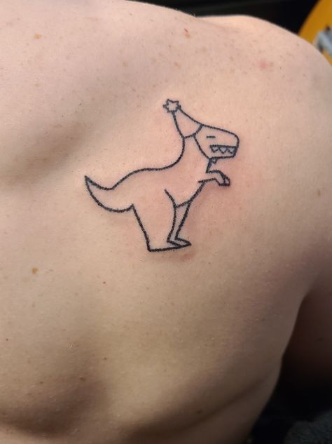 Tattoo, dinosaur, line art, stick and poke, party, trex, Weird Hand Tattoos, Small Chaotic Tattoos, Stick And Poke Animals, Small Edgy Tattoos Simple, T Rex Tattoo Ideas, Funny Line Art Tattoo, Funny Line Tattoo, Masculine Stick And Poke, Silly Tattoo Ideas Small