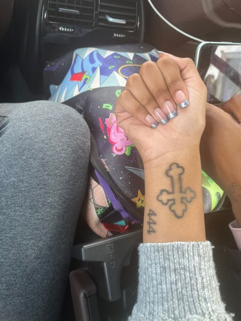 444 Tattoo Black Women, Detailed Cross Tattoo, Silver French Tips, 444 Tattoo Ideas, 444 Tattoo, Tattoo Cross, Kehlani Parrish, Ankle Tattoos, Pretty Tattoos For Women