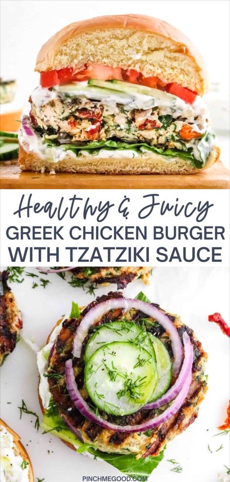 Greek Chicken Burgers, Homemade Chicken Burgers, Greek Burger, Homemade Tzatziki Sauce, Chicken Burgers Recipe, Feta Chicken, Homemade Tzatziki, Olive Oil Garlic, Greek Flavors