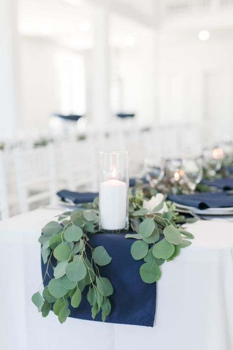 Slate Centerpiece Wedding, Navy Winter Wedding Centerpieces, Navy Blue Centerpieces Wedding Round Table, Wedding Centerpiece For Rectangle Table, Navy Blue Wedding Reception Tables, White And Navy Wedding Table, Navy Eucalyptus Wedding, Navy Table Runner Wedding, Navy Blue And Sage Green Wedding Centerpieces