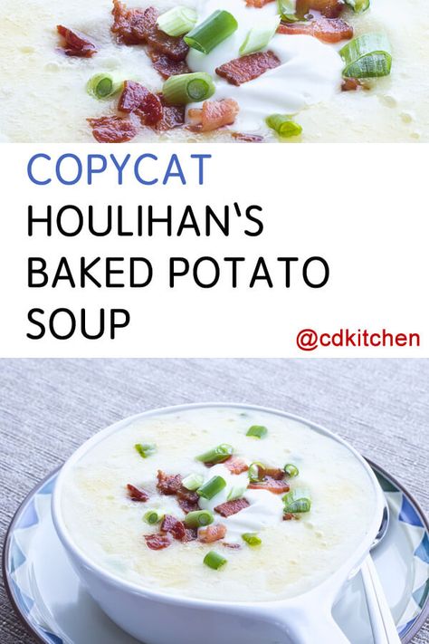 Copycat Houlihan's Baked Potato Soup - The secret to Houlihan's soup is using a combination of boiled potatoes and instant potato flakes for the perfect texture. Don't forget the bacon, chive and cheddar topping for the perfect garnish. | CDKitchen.com 54th Street Potato Soup Recipe, Baked Potato Soup Recipe, Instant Potatoes, Loaded Potato Soup, Soup Appetizers, Potato Flakes, Chicken Base, Baked Potato Soup, Copykat Recipes