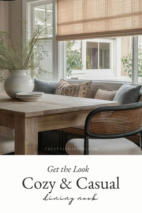 cozy breakfast nook California Casual Dining Room, Modern Spanish Home Interior, Dining Room Banquette Seating, Interior Styles Guide, Dining Room Banquette, Casual Dining Room, Vintage Living Room Furniture, Casual Dining Rooms, Cane Dining Chair