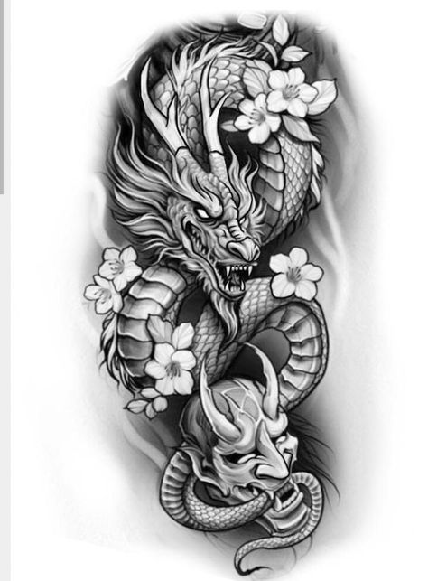 Dragon With Flowers, Dragon Tattoo Stencil, Tato 3d, Japanese Hand Tattoos, Oni Mask Tattoo, Japanese Tattoos For Men, Tato Naga, Dragon Tattoos For Men, Dragon Tattoo Art