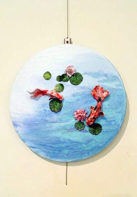 Clay art of koi / goldfish on an Acrylic Pour lily pond on a round canvas. Clay Fish, Colourful Living Room Decor, Mandala Rock Art, Art Painting Tools, Clay Paint, Colourful Living Room, Mandala Rocks, Round Canvas, Lily Pond