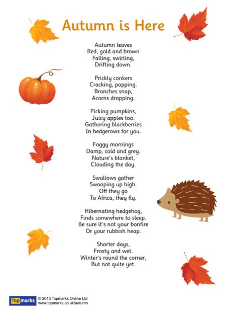 "Autumn is Here" inspirational poem for use in the primary classroom Autumn Eyfs, Autumn Poems, Poetry For Kids, Nursery Activities, Kids Poems, Finger Plays, Fall Preschool, Autumn Display, Inspirational Poems