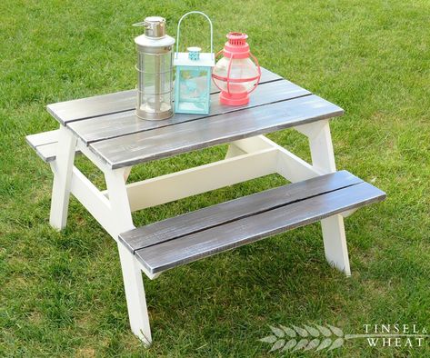 DIY Children's Picnic Table: Hey guys! I am beyond excited to share this project with you today! This little picnic table is my first truly functional piece and I just love how it turned out.. so much so – I can’t. stop. making. them. Ha! I have taken pictures of every step of… Kids Picnic Table Plans, Octagon Picnic Table, Farmhouse Bench Diy, Diy Picnic Table, White Tinsel, Picnic Table Plans, Kids Picnic Table, Kids Picnic, Diy Projektit