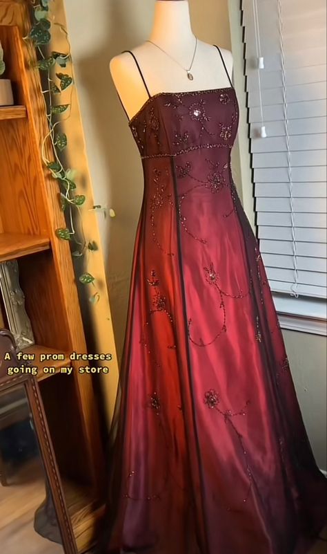 Formal 90s Dress, Grunge Ball Dress, 1995 Prom Dresses, Prom Dresses Thrifted, 90s Burgundy Prom Dress, Prom Dress Inspiration Aesthetic, Dark Red Vintage Prom Dress, 90s Slip Dress Prom, Vintage Grunge Prom Dress